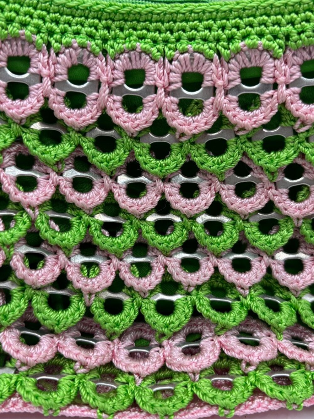 Handmade Pink & Green Crochet Handbag Soda Can Tops